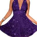 ShawGobow Floral Sequin Dress, Deep V Backless Sexy Mini Dresses for Women, Sparkly Outfits Homecoming Party Dark Purple X-Large