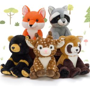MaoGoLan 5 Pcs Woodland Animals Bulk Stuffed Woodland Toys Baby Shower Party Decorations, 8'' Grizzly Bear Deer Fox Raccoon Red Panda Forest Party Favors Gifts Mother's Day