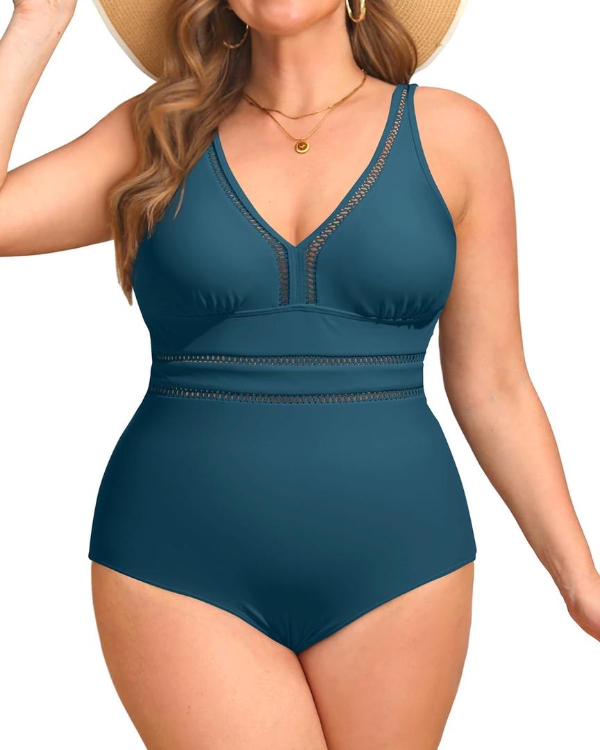 Daci Women Plus Size One Piece Swimsuits Sexy Hollow Out Bathing Suit V Neck Swimwear (20 Plus)