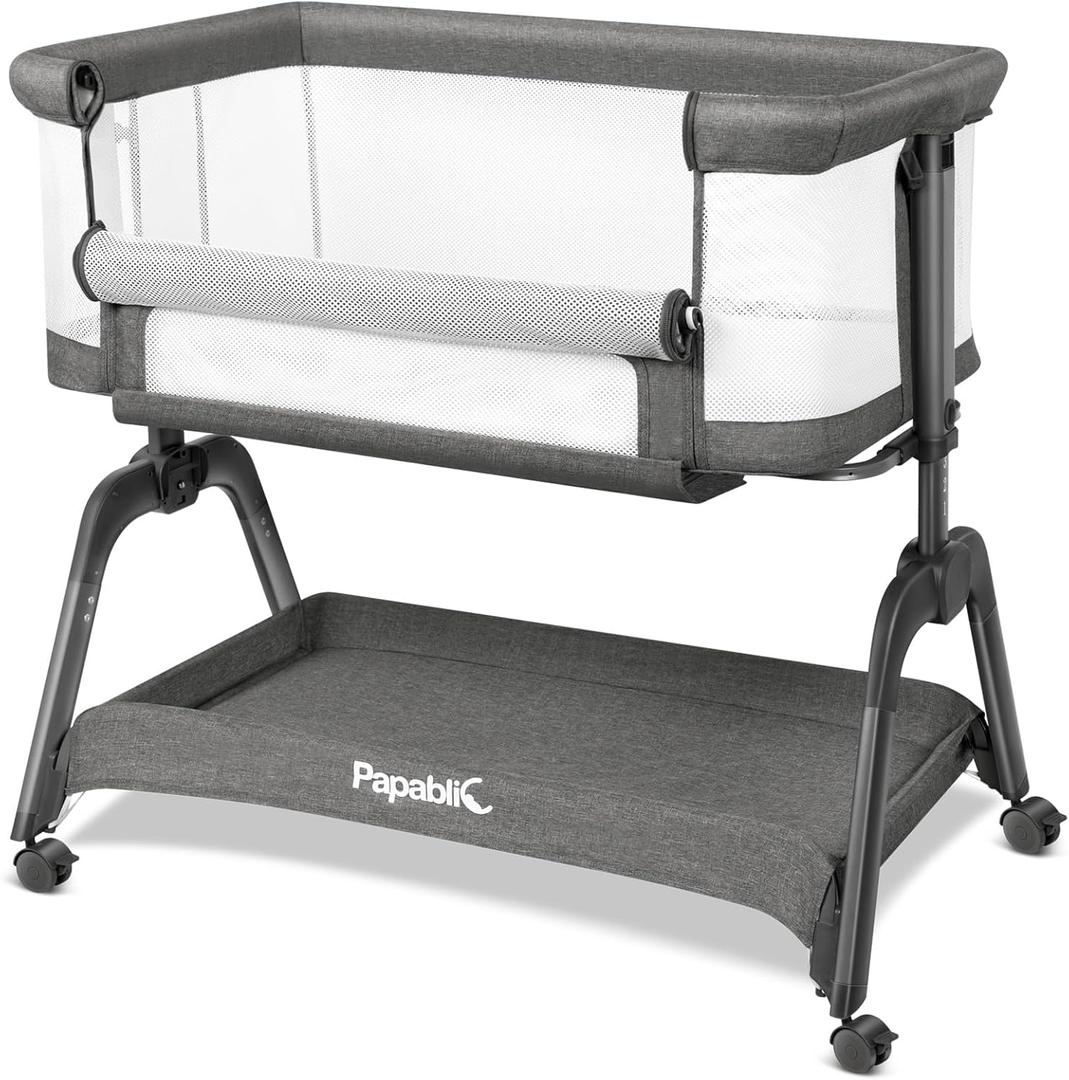 Papablic Baby Bassinet, Bedside Bassinet for Baby with Four-Sided Breathable Mesh & Soft Mattress, Adjustable Bassinet Bedside Sleeper with Storage Basket and Wheels, Easy to Assemble, Gray (Grey)