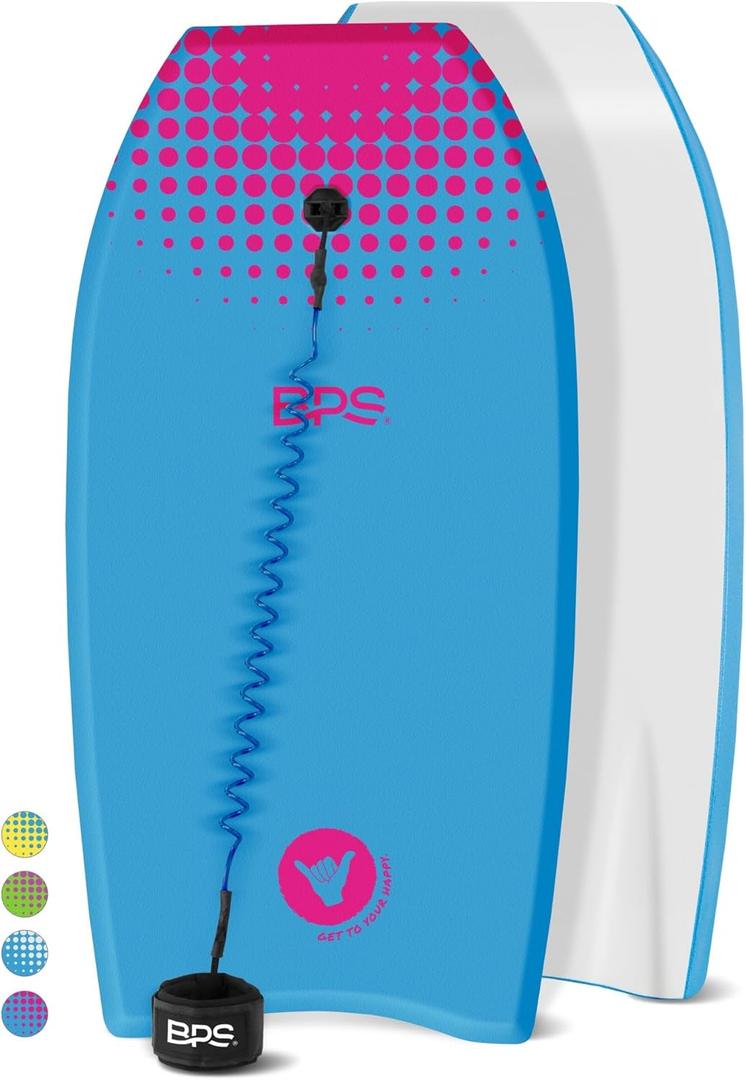 BPS New Zealand Shaka Body Board for All Wave Conditions - Lightweight with EPS Core, HDPE Slick Bottom, Body Boards for Beach with Wrist Leash and Plug for Kids and Adults - All Skill Levels (33 Inch, 10 Blue Magenta)