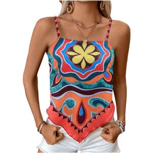 Milumia Women's Tropical Hanky Hem Cami Top Boho Spaghetti Strap Square Neck Bandana Tops, Medium
