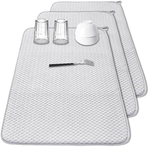 3 Pcs XXL Dish Drying Mat,Absorbent Microfiber Dishes Drainer Mats,Large Size 24×17" Pads for Kitchen Counter,Coffee,Rack,Under Sink,Light Gray