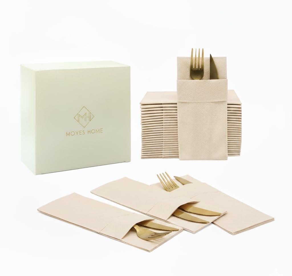 Beige Dinner Napkins Cloth Like with Built-in Flatware Pocket, Linen-Feel Absorbent Disposable Paper Hand Napkins for Kitchen, Bathroom, Parties, Weddings, Dinners or Events, 16x16 inches, Pack of 50