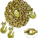 3/8'' Chain G80 Trailer Tow Chain 10ft, 7,100 lb WLL, 4 Clevis Grab Hooks, Yellow Zinc Chromate, Logging Chain for Towing & Trailer Tie-Down