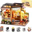 Miniature House Kit Julia Bakery, DIY Dollhouse Kit for Adults with Furniture & LED, Tiny House Kit Wooden Craft Gift for Adults Women Teens