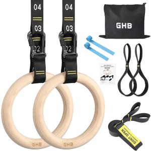 GHB Gymnastic Rings Wooden Gym Rings 1.25" Olympic Rings Adjustable Straps Pull Up Rings Sets for Workout Bodyweight Fitness Training