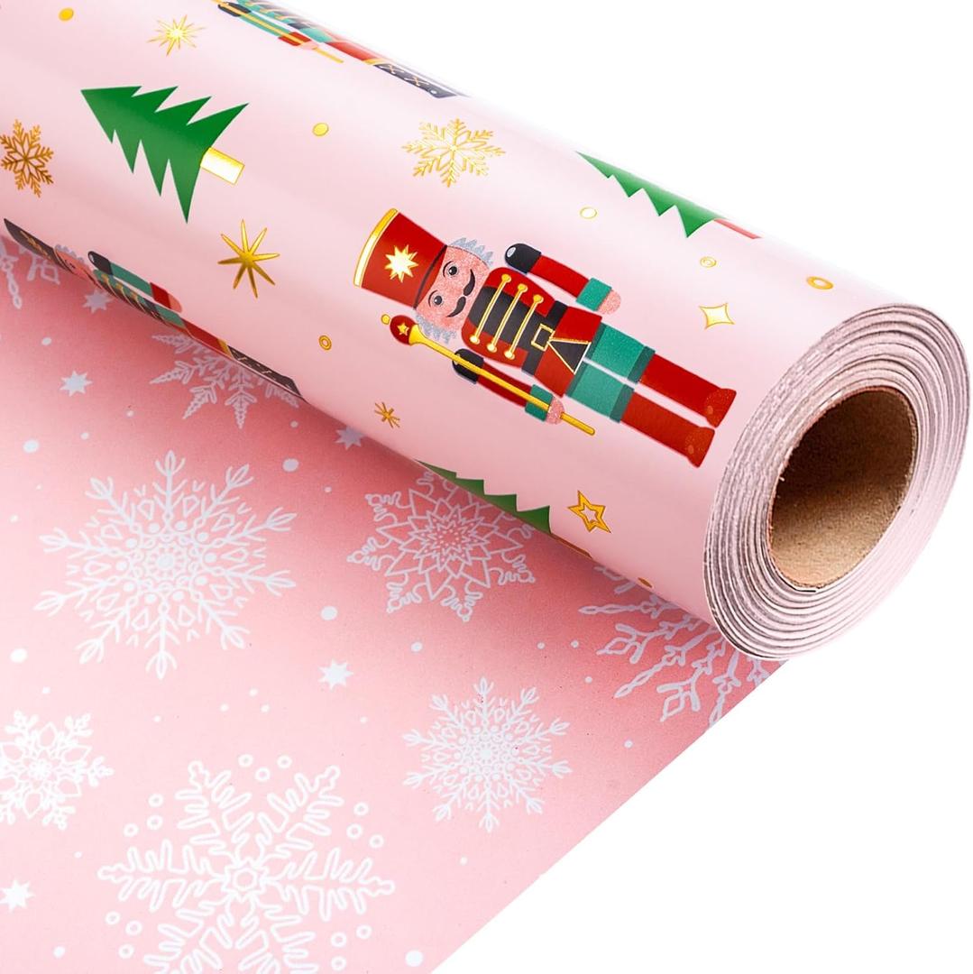Retrify Nutcracker Christmas Wrapping Paper Roll, 17 Inches x 32.8 Feet Pink Gift Wrap for New Year Holiday, Christmas Tree/Snowflake/Star Design