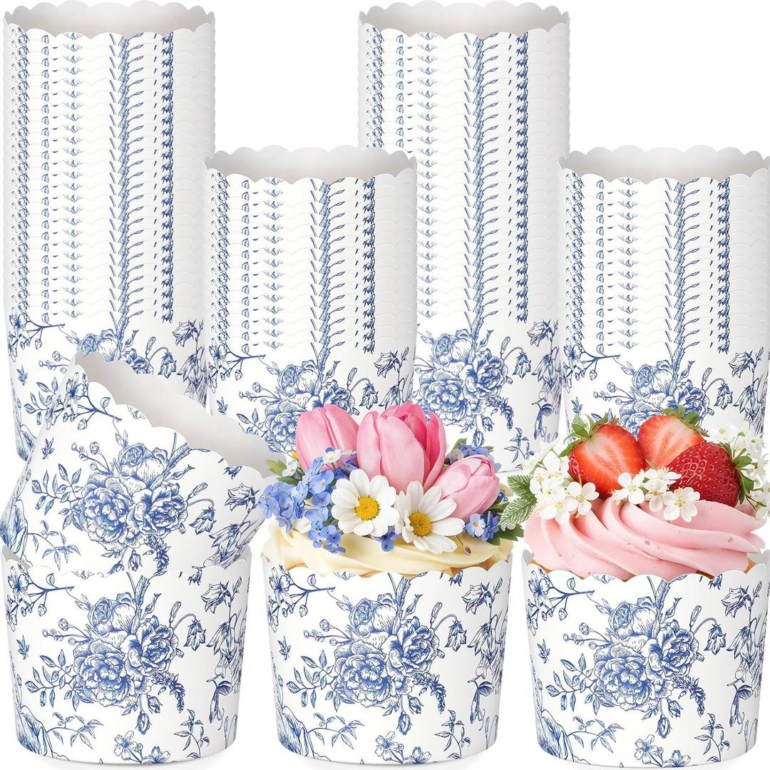 Funnymoom 100 Pcs Blue Floral Paper Baking Cups Blue White Wildflower Ice Cream Cup Disposable Cupcake Liners Wrappers Decorative Dessert Bowls for Food Baby Shower Wedding Birthday Party Supply