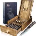 Steak Knives Set of 6 with Drawer Organizer, 4.8 Inch High Carbon Japanese Style Non Serrated Meat Knife with Wood Handle, Damascus Pattern Full Tang Design, Razor-Sharp Dinner Knives (Brown)