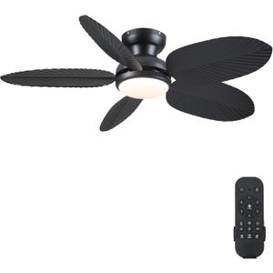 Tropical Ceiling Fans with Lights and Remote/APP Control, 45 Inch Low Profile Flush Mount Ceiling Fans, Palm Leaf Ceiling Fan with Light for Bedroom Patios Porch Outdoor, Black