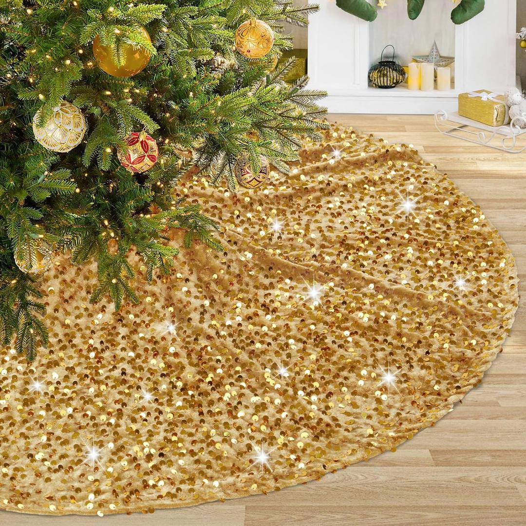 Gold Sequins Tree Skirt 24 Inches Mini Christmas Tree Skirts 5mm Sequins and Velvet Tree Skirt Mats for 4ft Trees Decorations