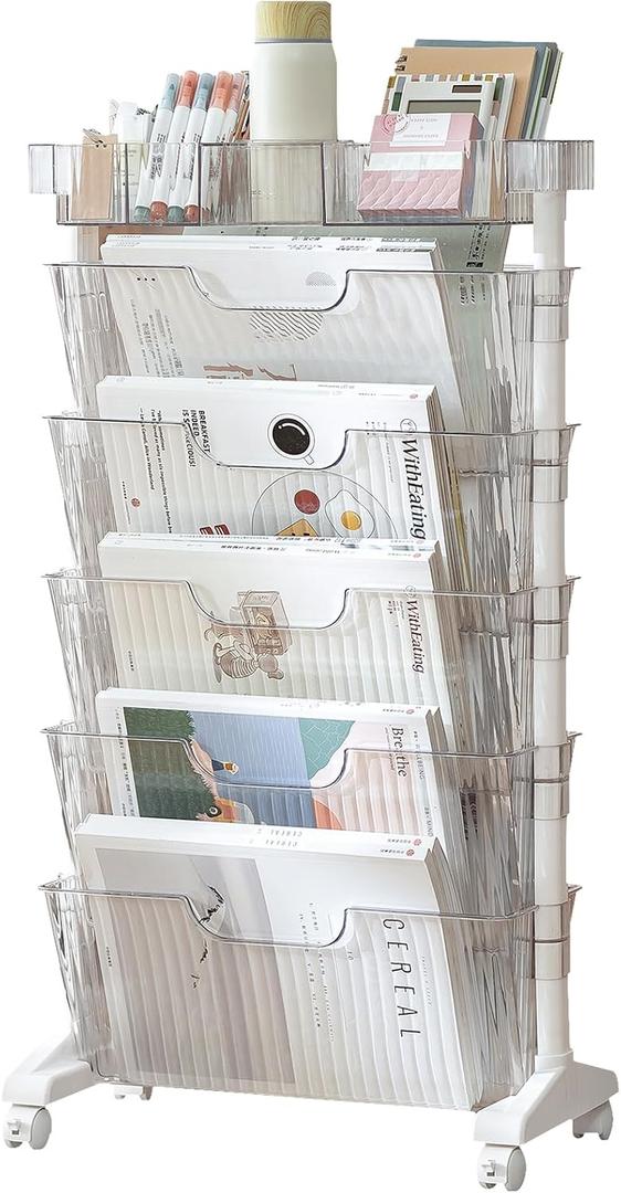 5 Tier Rolling Book Cart Multi-Functional Movable Storage Bookshelves