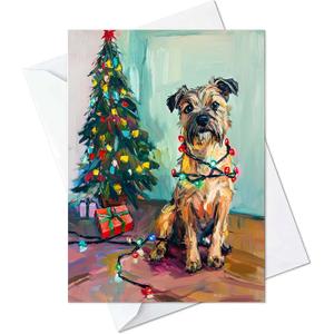 Border Terrier Tangled in Christmas Lights Greeting Cards - Cards with Envelopes - (Set of 10) Large 5.8 x 8.3 inch Folded Card Blank Note Cards Holiday Xmas 7 (Border Terrier, Pack of 10)