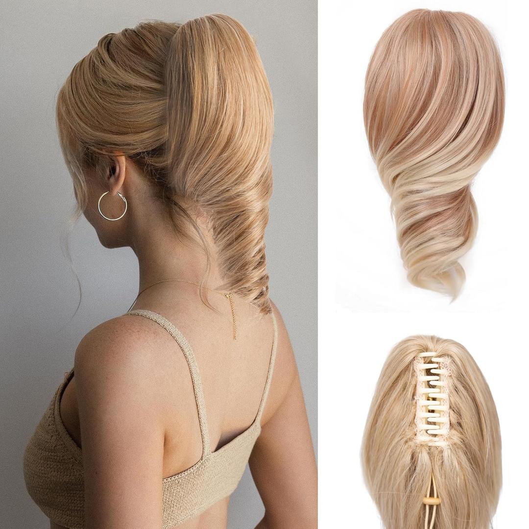 CINHOO 10" Blonde Claw Clip in Extensions for Women, Synthetic Soft Natural Wave Fake Pony Tail Hair Pieces for Women, Golden Blonde with Highlights Short Extension