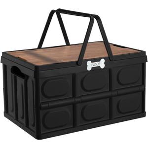 Outdoor Dog Toy Bin wtih Handles,Collapsible Dog Stuff Organizer Portable,Pet Storage Basket with Wood Cover for Dog Toys/Snack/Camping Essentials,Ideal for Car Trunk,RV Trip,Picnic-Black
