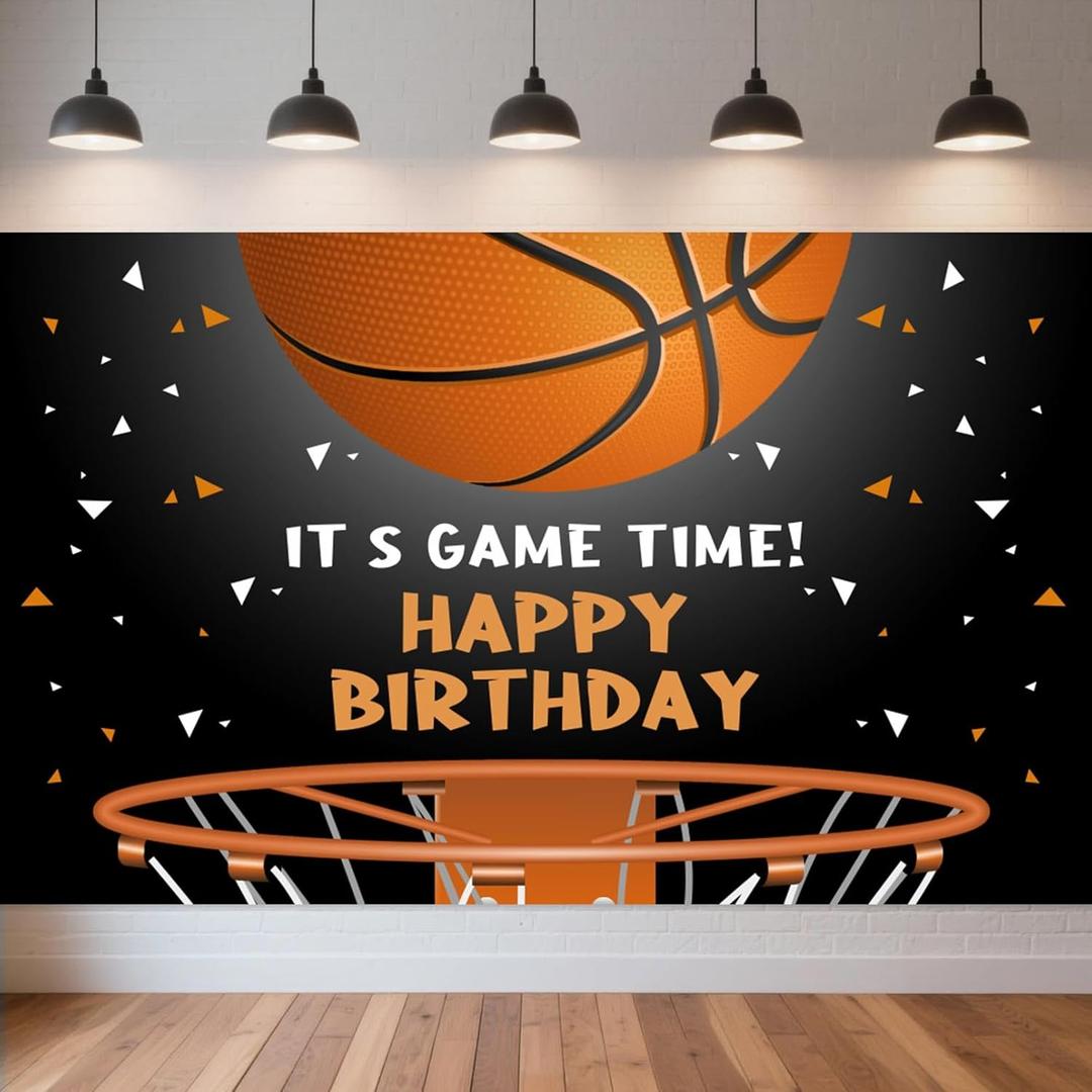 Large Basketball Banner It's Game TIME Birthday Backdrop Banner Sports Themed Party Backdrop Background for Boys Photoshoots Game Day Decorations Supplies