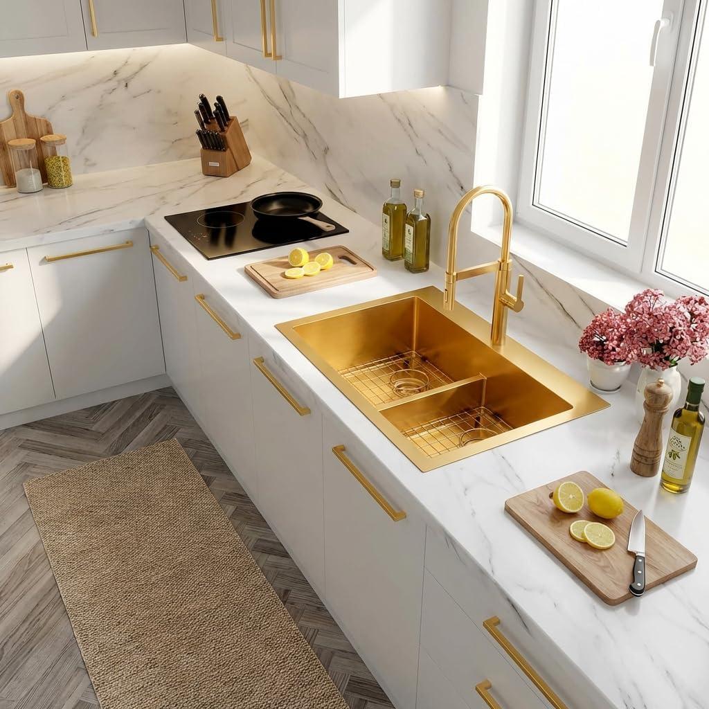LQS Gold Kitchen Sink 33x22, 33 Inch Drop In Kitchen Sink Double Bowl, Handmade Deep & Large Stainless Steel Kitchen Sink with Low-Divider