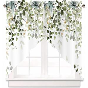 Sage Green Eucalyptus Swag Curtain Valance for Windows,Watercolor Leaves Window Treatments Short Swag Topper for Kitchen Windows Bathroom Bedroom,28 x 36 Inch