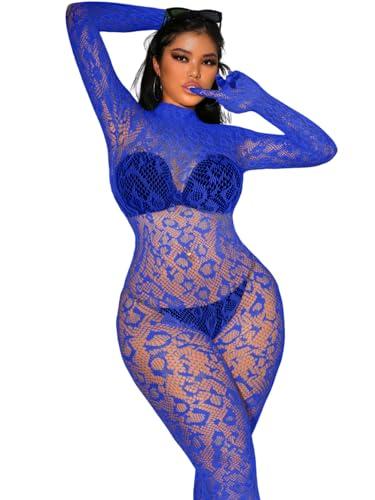 EHSUYAB Sexy Lace Leopard Jumpsuit For Women, Fishnet Bodysuit Glow Party Club, Poster One Piece Mesh Full Body Rave Outfits Blue