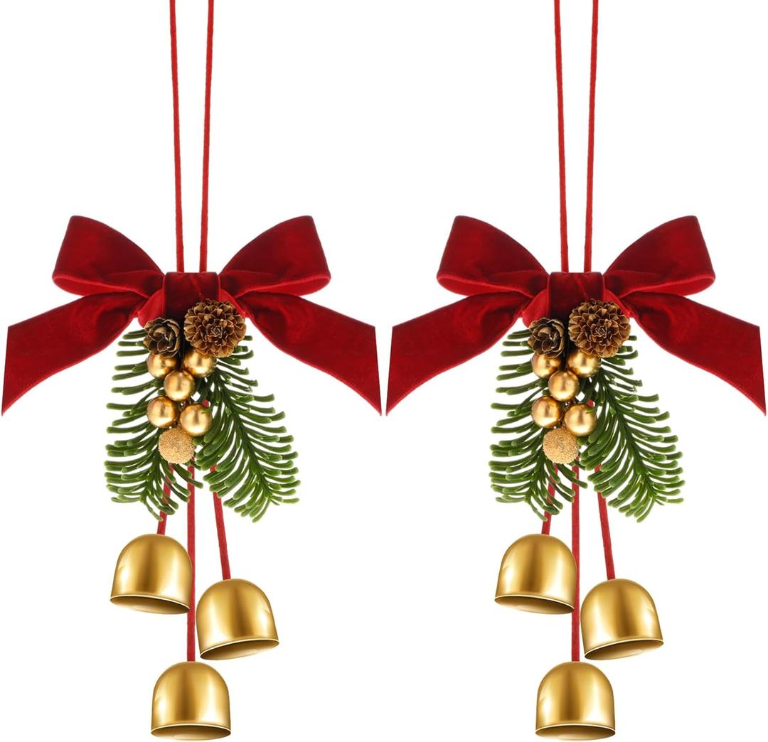 Daifunli 2 Pcs Christmas Wreath Bows with Jingle Bells and Pinecone Hanging Christmas Tree Topper Xmas Bow Pine Cones with Bell Pendant Decorative Bows Ornament for Party Decoration Kitchen Cabinet