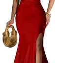 Memoriesea Women's Sexy One Shoulder Ruched High Split Evening Maxi Formal Dress, M
