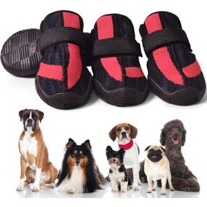 PETQYS Dog Shoes, Mesh Breathable Dog Boots for Walking Running Hiking, Soft Non-Slip Rugged Rubber Sole Dog Booties with Adjustable Straps 4Pcs, Black-Size: 3