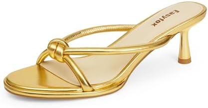 Easyfox Womens Heeled Sandals Rounded Open Toe Mid Heels Slip on Bow Mules Sandals Comfort Dress Party Shoes Size 7.5