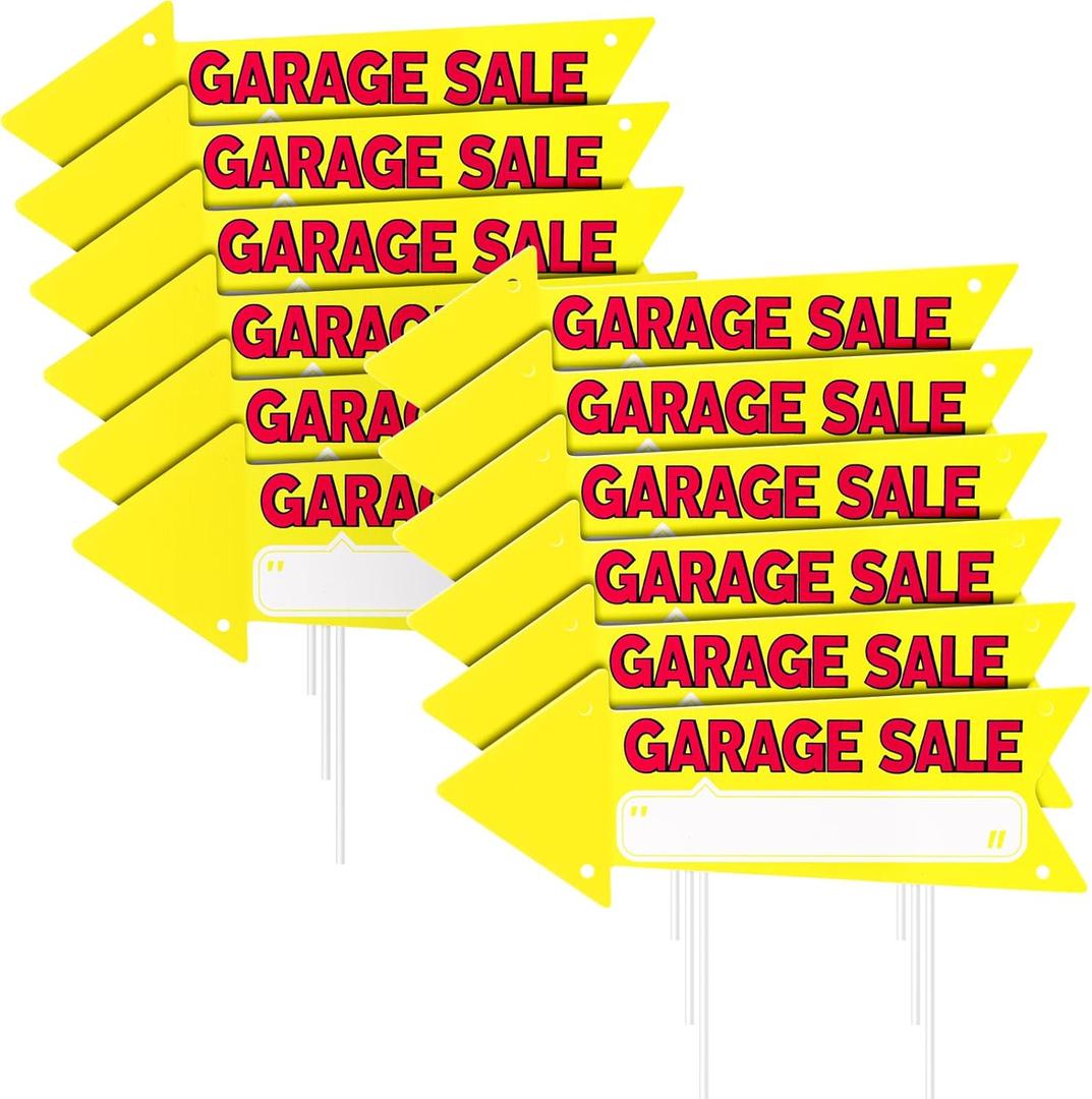 Hoomall Yellow Waterproof Garage Sale Sign, 12 Pack Reusable 16x6inch/40.5x15cm Double Sided Sale Sign, Plastic Yard Sale Supplies with Metal Stakes
