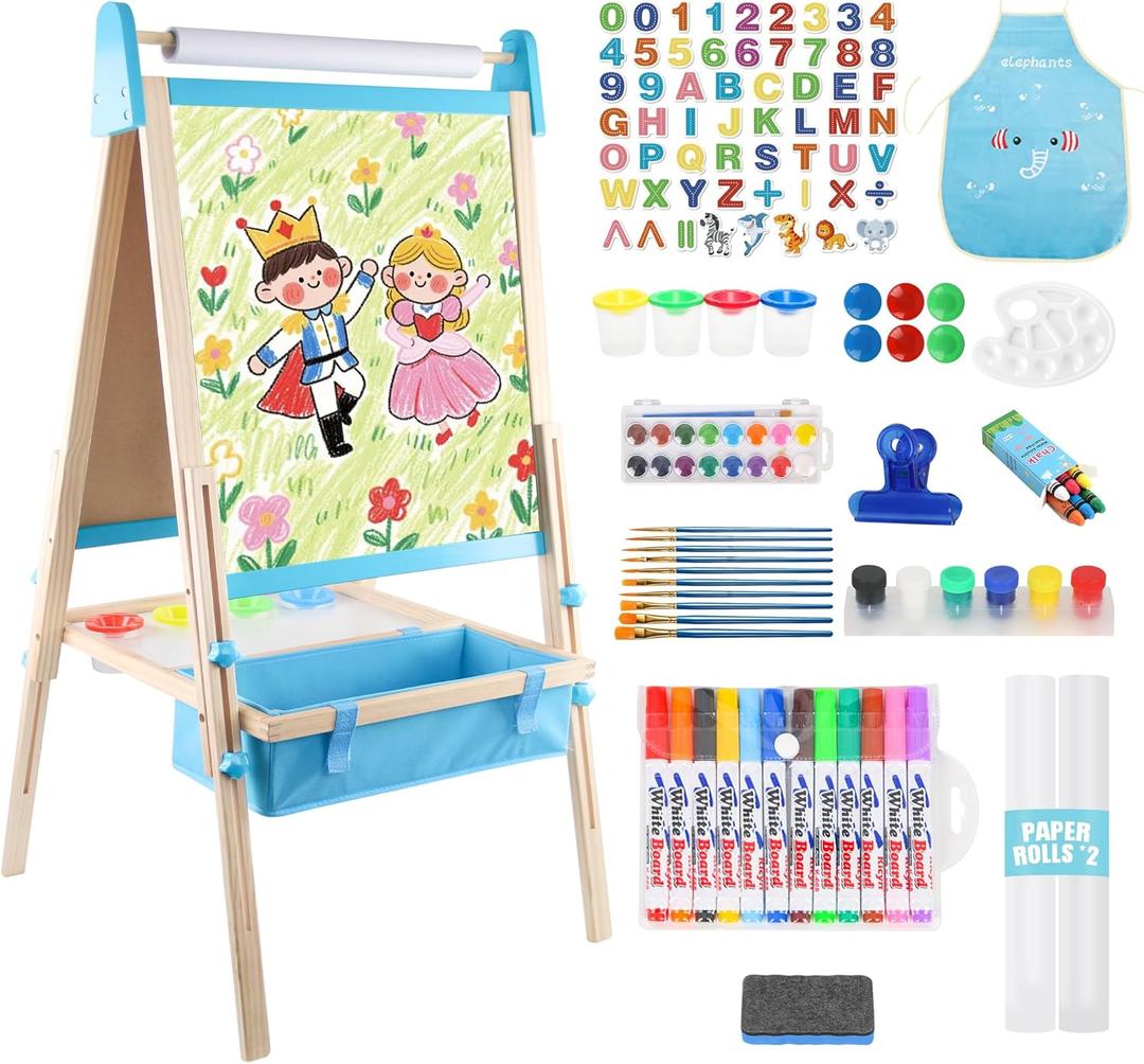 Wooden Easel for Kids, Adjustable Kids Art Easel, Learning Toy for Boys and Girls Ages 3-4 4-8 8-12, Wooden Blackboard & Magnetic Whiteboard and Drawing Paper Holder, 2 Drawing Paper Roll
