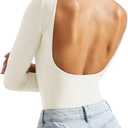 SUUKSESS Women Backless Y2k Long Sleeve Bodysuit Double Lined Open Back Sexy Basic Top (Small, Pearl)