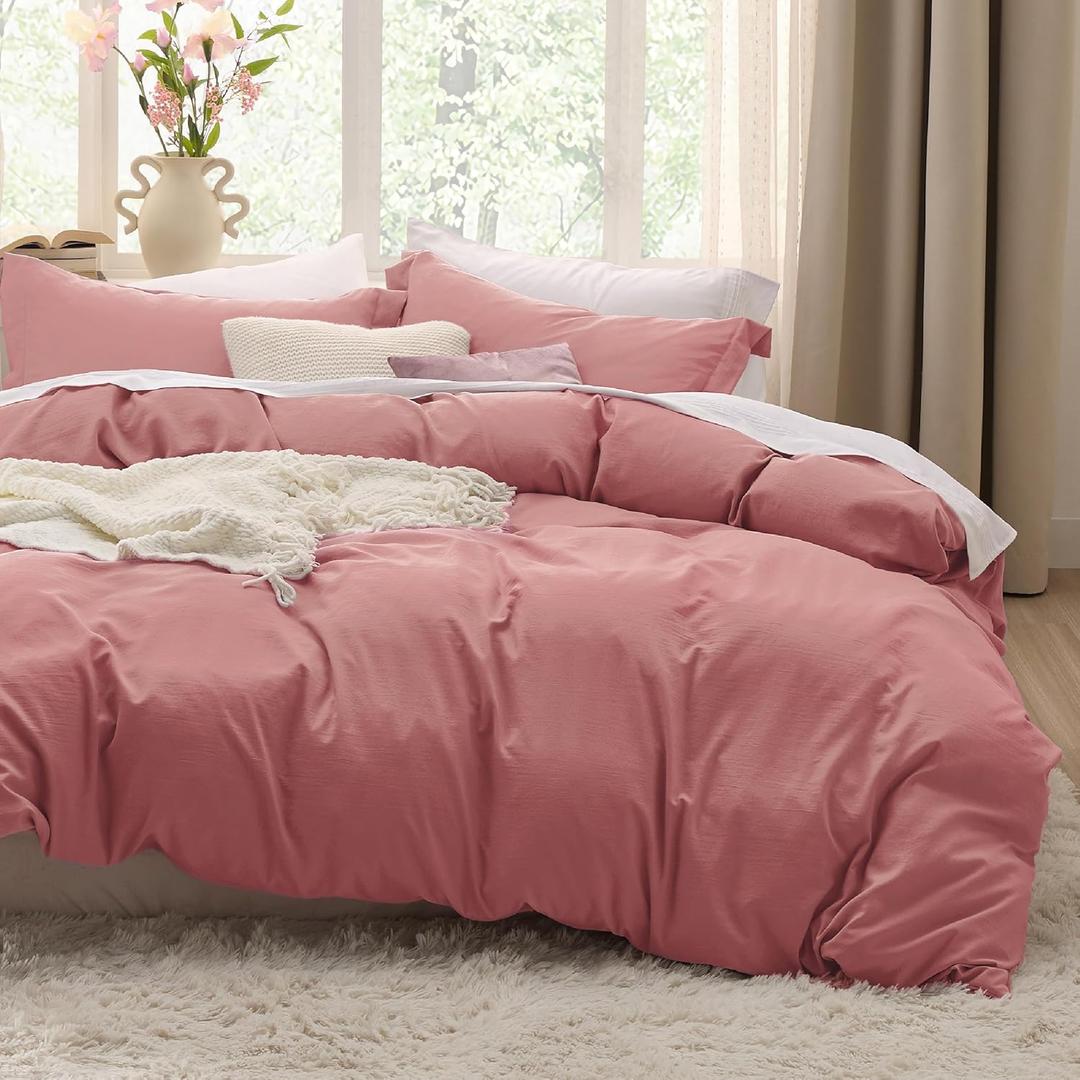 Bedsure Pink Clay Duvet Cover Queen Size - 3 Pieces Prewashed Cotton-Like Extra Soft Bedding Set, Includes 1 Duvet Cover 90x90 Inches with Zipper Closure & 2 Pillow Shams, Comforter Not Included