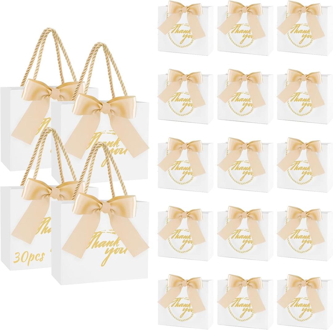 50 Pack Small Thank You Gift Bags with Handles, 5.5''x 2.5''x4.7'' Mini White Gift Bags Bulk for Baby Shower, Birthday, Wedding, Party Favors