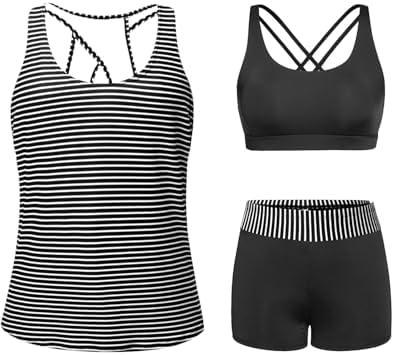 Tempt Me 3 Piece Tankini Swimsuits for Women Athletic Bathing Suits Swim Tank Top with Boy Shorts and Bra Modest Swimwear, L