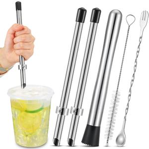 Honeydak 4 Pcs Straw Hole Puncher Muddler, Lemonade Punch Tool Set, 8.7Inch | 304 Stainless Steel Build, Perfect for Plastic Lids Boba Cups, Lemonade Stand Supplies, Stir Spoon & Cleaning Brush Included