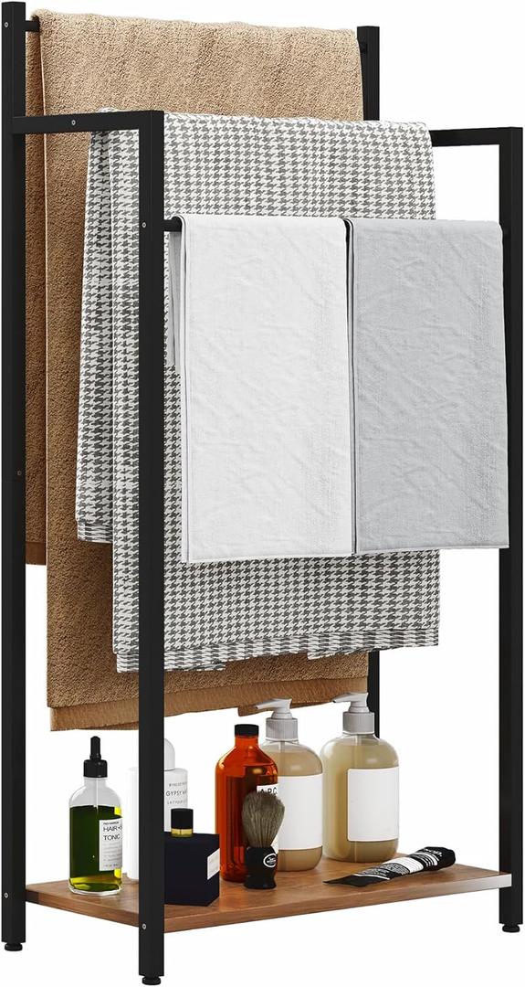 Freestanding Towel Rack, 3 Tier Blanket Ladder Stand with Rustic Brown Wooden Shelf for Bathroom Living Room (31.5H x 16.9W x7.9D)