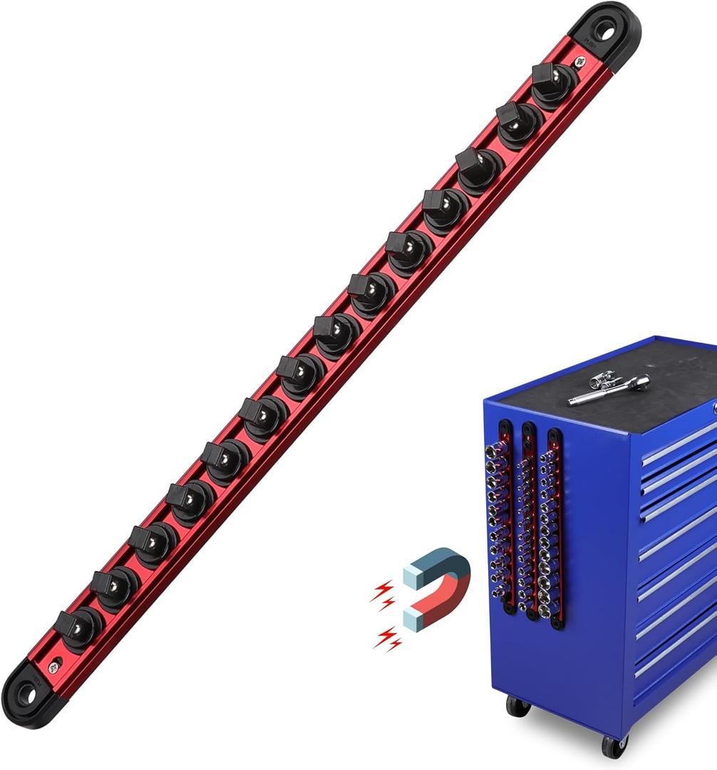 Magnetic Socket Holder Organizer Set: 3/8 Detachable Socket Trays Socket Organizer for Tool Box Drawer Holds 14-Piece Standard Size Sockets for Automotive Mechanic Garage(Red)
