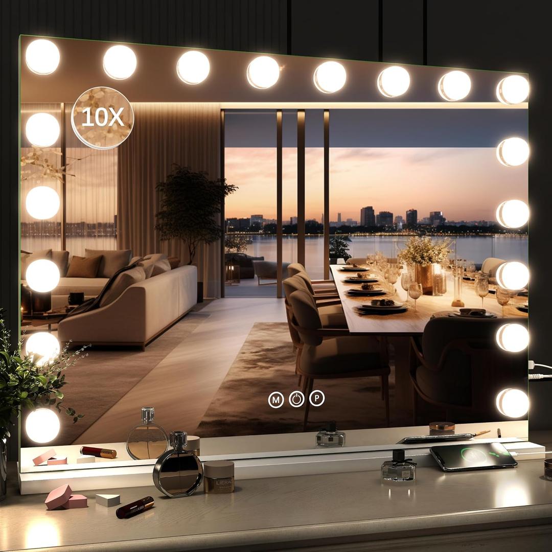 ROLOVE 32"x24" Hollywood Vanity Mirror with Lights, 15 Dimmable LED Bulbs, 3 Color Modes, 10X Magnification, USB Charging Port, Tabletop or Wall-Mounted