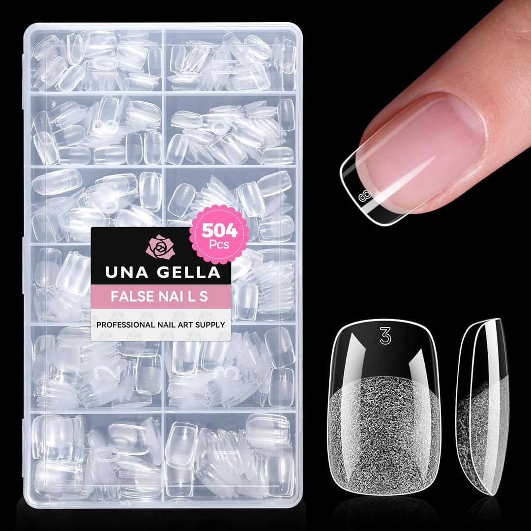 UNA GELLA Gel Nail Tips Square & Squoval Short, 504pcs Short Round Square Nail Tips Pre Etched Squoval Soft Gel Clear Fake Nails Full Cover For Nails Extension Home DIY Salon 12 Sizes