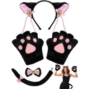 Cat Halloween Costume Accessory 5 Pcs Set with Ears Headband Paws Gloves Bow Tie Tail for Adults Animal Costume Bear,Mouse (Black)