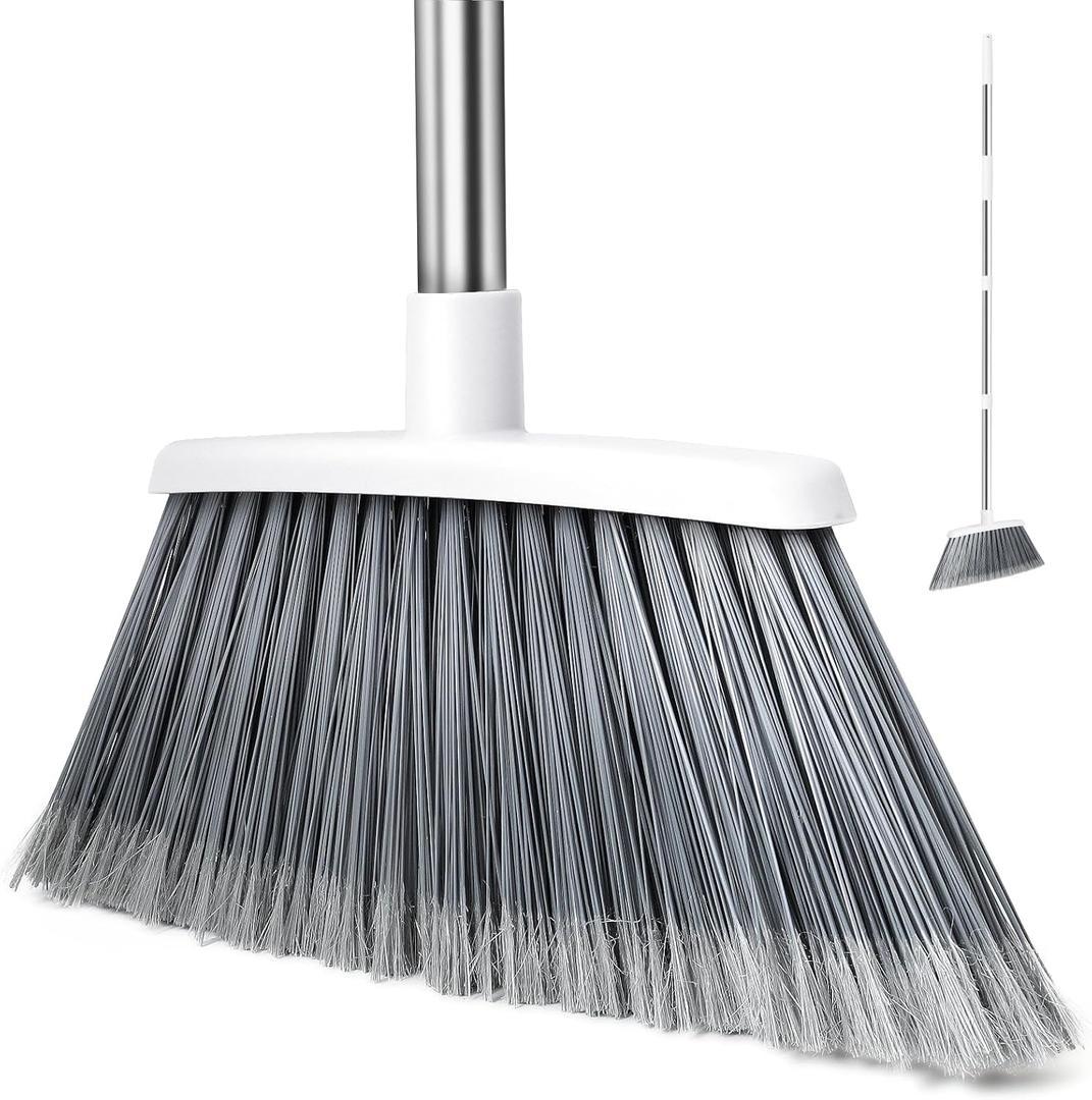 Broom, Outdoor Brooms for Sweeping Indoor, Adjustable 55" Pet Hair Removal Heavy Duty Broom for Floors Home Kitchen Garage Commercial Patio Industrial Snow (White)