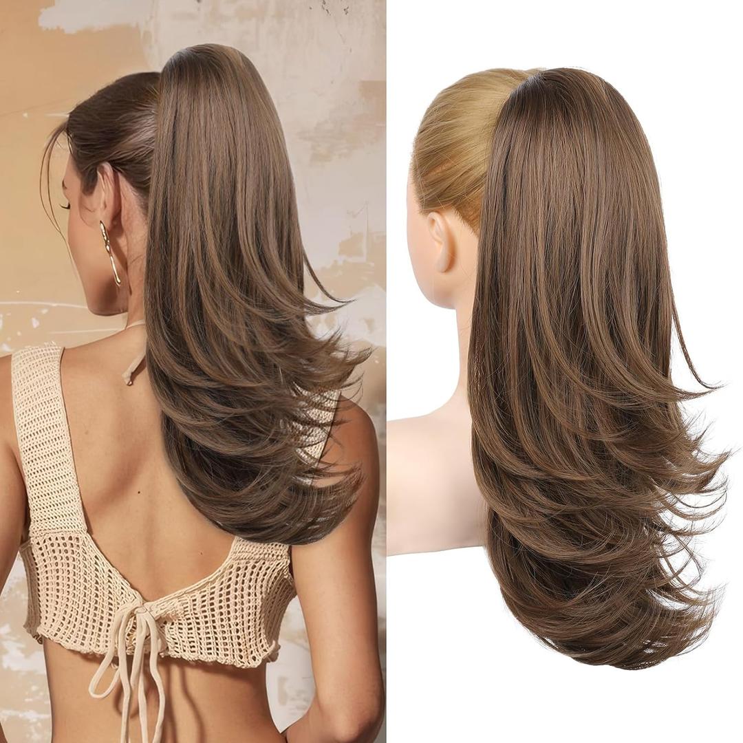 Flufymooz Ponytail Extension for Women, 20 Inch Drawstring Ponytail Hair Extension for Women, Soft Natural Looking Synthetic Pony Tails Hairpiece(Medium Brown Auburn)