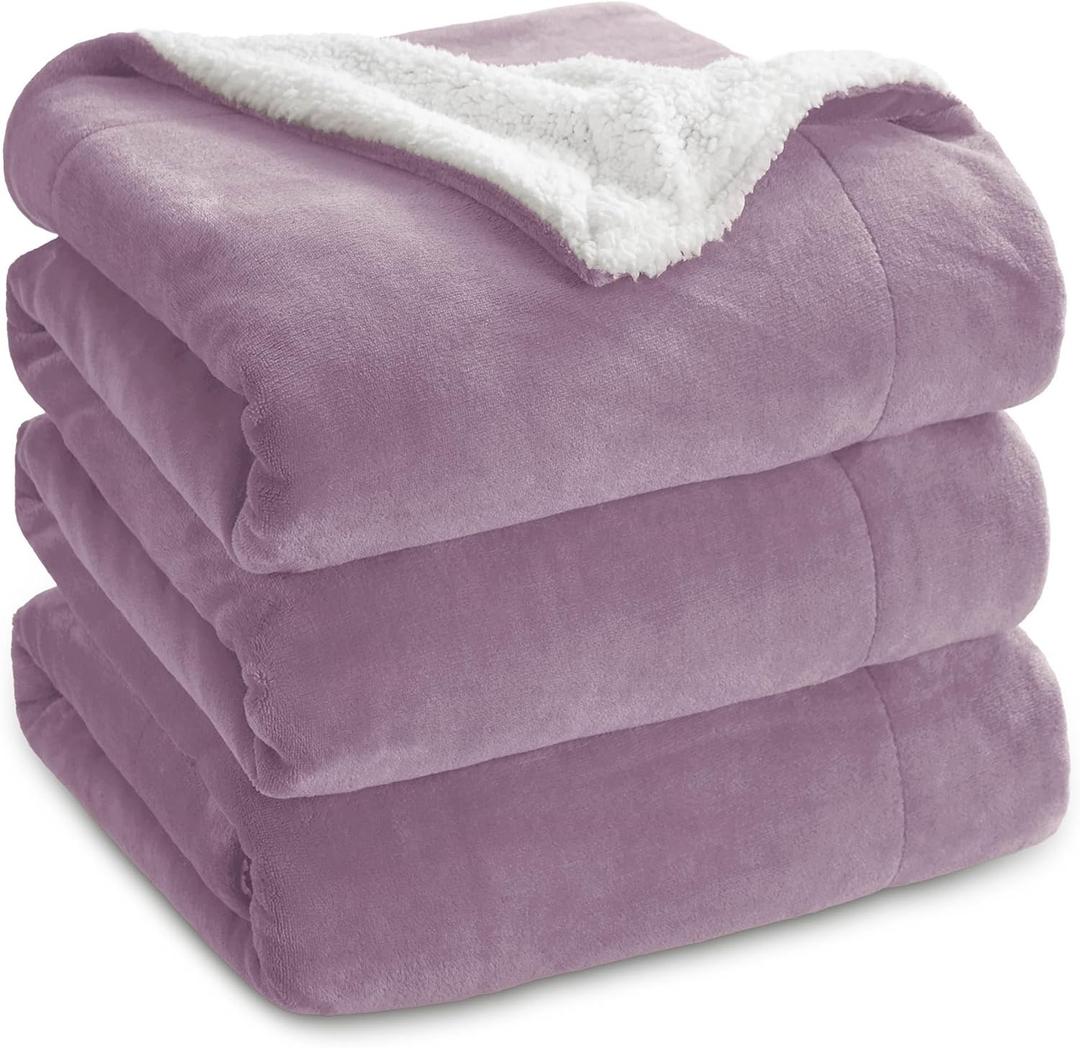 Bedsure Sherpa Fleece Blankets Queen Size for Bed - Thick and Warm, Soft Fuzzy Plush Queen Blanket for Winter, Sea Fog Purple, 90x90 Inches