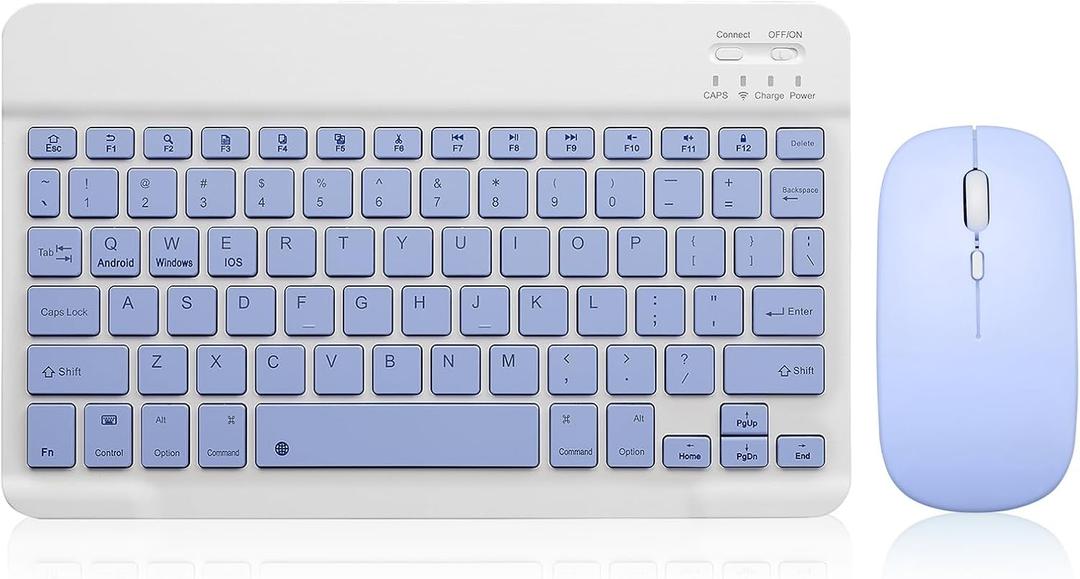 Bluetooth Keyboard and Mouse Combo Rechargeable Portable Wireless Keyboard Mouse Set for Apple iPad iPhone iOS 13 and Above Samsung Tablet Phone Smartphone Android Windows (10 inch Purple)