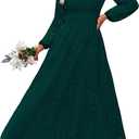 Women's Long Puff Sleeve Floral Maxi Dress V Neck Lace Eyelet Hollow Out A Line Flowy Boho Spring Wedding Guest Party Dresses (Green, L)