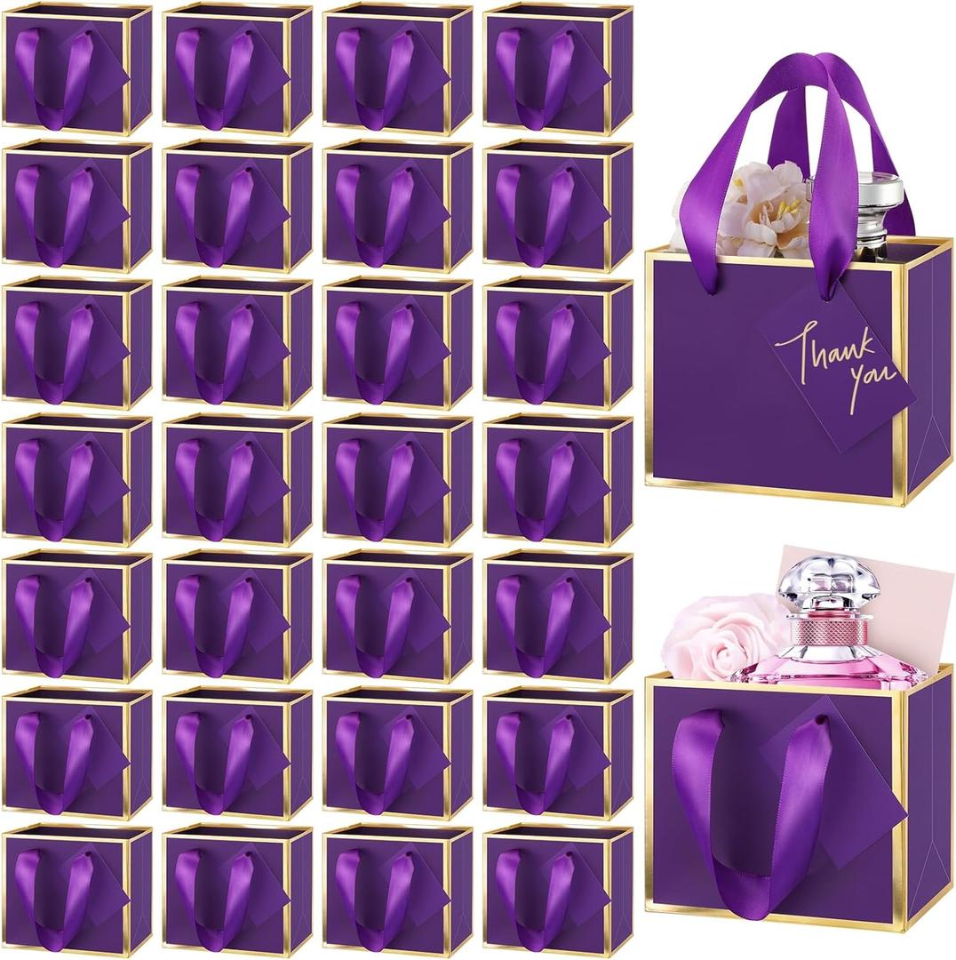 Yeaqee 50 Pcs Mini Metallic Foil Gift Bags with Handles 4x4.75x2.25'' Tiny Thank You Favor Bag Bulk with Tag for Back to School Wedding Baby Shower Birthday Summer Party(Purple, Gold)