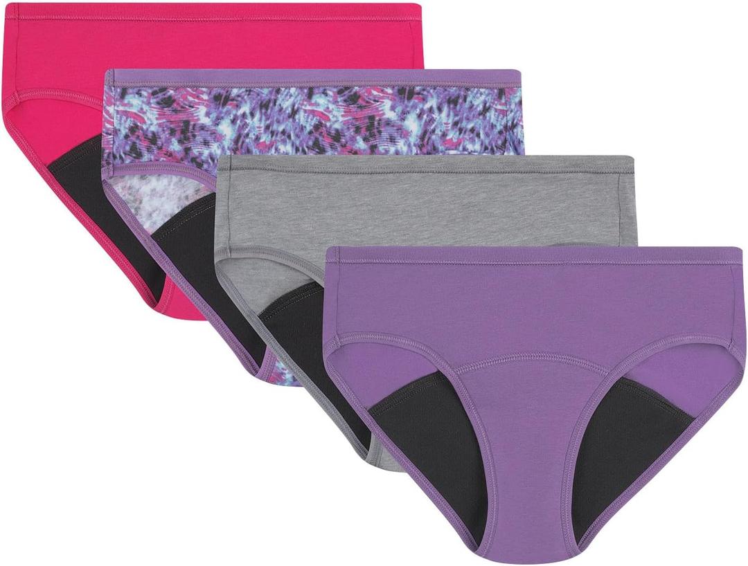 Hanes Girls' Comfort, Period. Boys'hort & Hipster Period Underwear, Moderate Protection, Multi-Pack (12, Hipster - Multi - 4 Pack)
