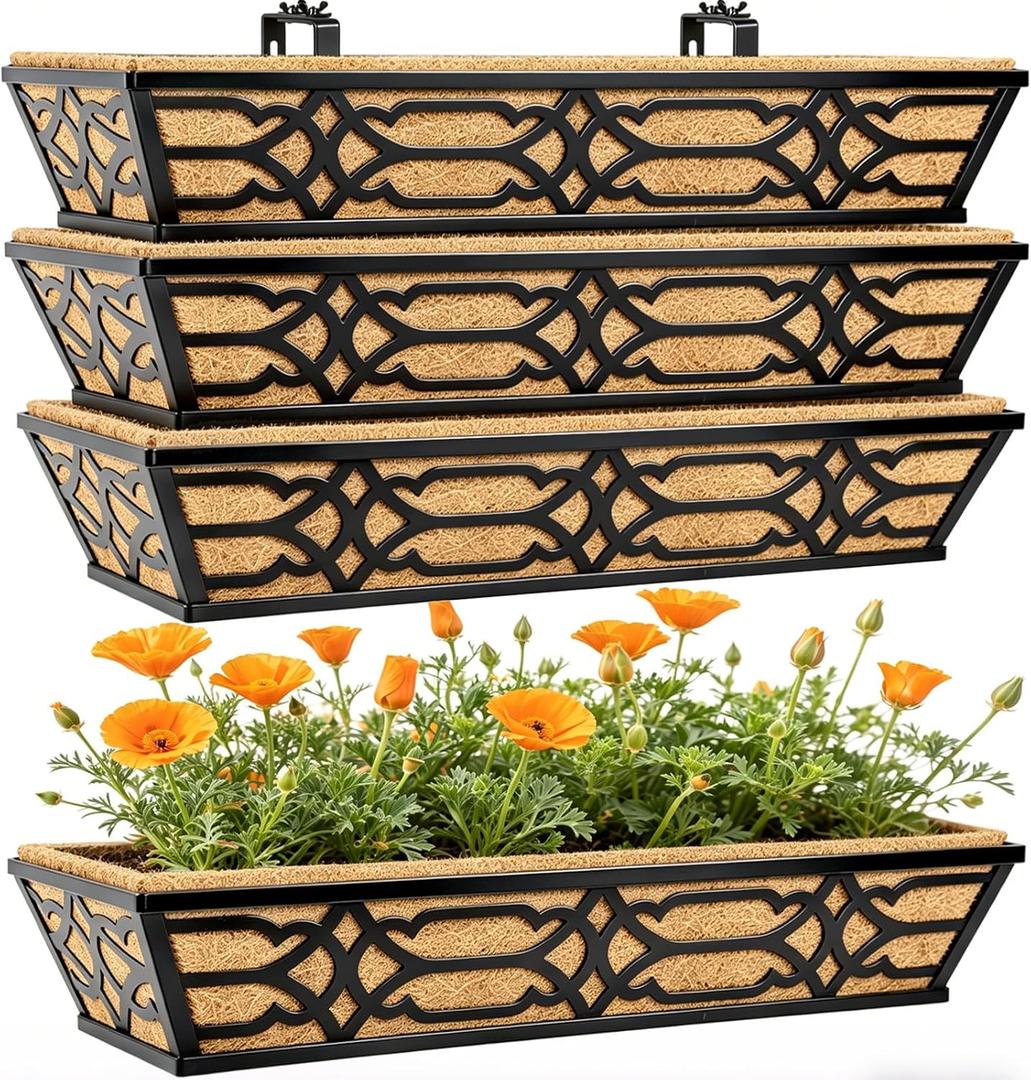 4 Pack 30 Inch Window Boxes Planters with Coco Liner, Large Metal Railing Planter Boxes for Deck, Heavy Duty Hanging Trough for Fence and Front Porch Garden Flower Display