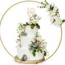 LuvLuxe Wedding Cake Stand 16in Wood Base with Golden Metal Floral Hoop Centerpiece & Screws, Cake Display Stand for 3 Tiered Cakes, Cupcakes & More