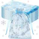 Roowest 100 Pcs Snowflake Organza Gift Bags 4 x 6 Inch Small Mesh Jewelry Pouches Mini Drawstring Candy Goody Organza Favor Bags for Winter Party Christmas Jewelry(Light Blue)